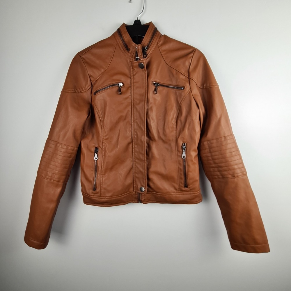 Maralyn & Me Juniors Faux-Leather Cognac Moto Zip Front Biker Jacket Medium